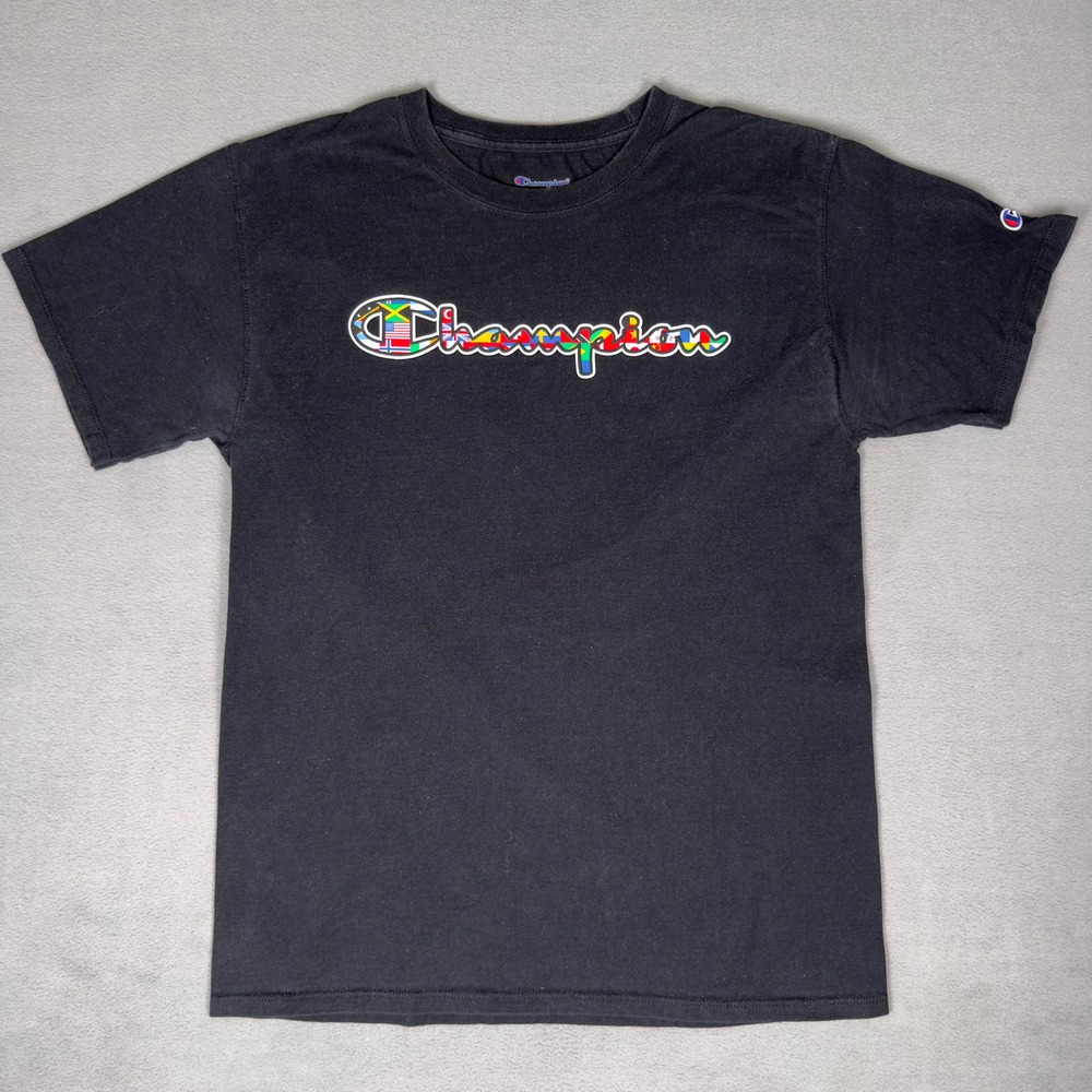 Champion Script Logo T-Shirt Black Mens M World Flags Spell Out Graphic Tee - Picture 1 of 6